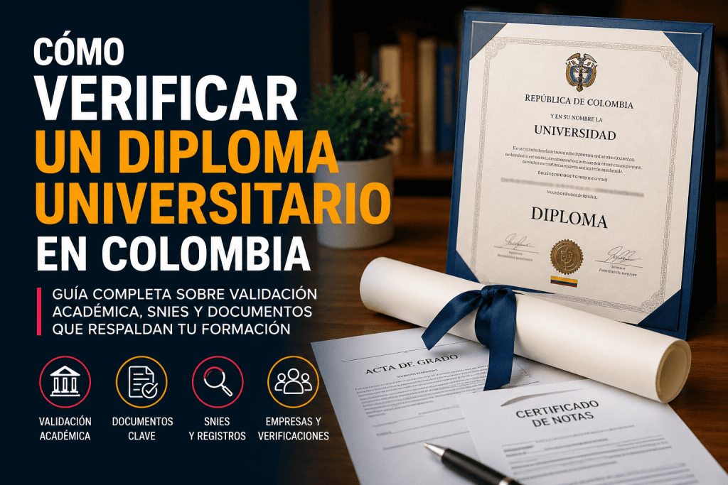 Persona revisando documentación académica para verificar un diploma universitario en Colombia