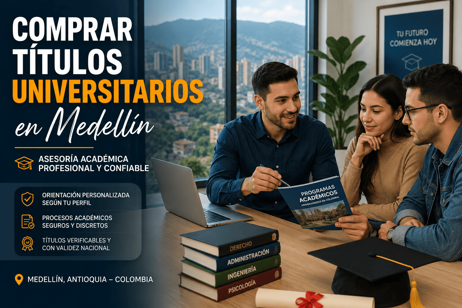 Estudiantes universitarios en Medellín recibiendo orientación académica profesional en ambiente universitario moderno