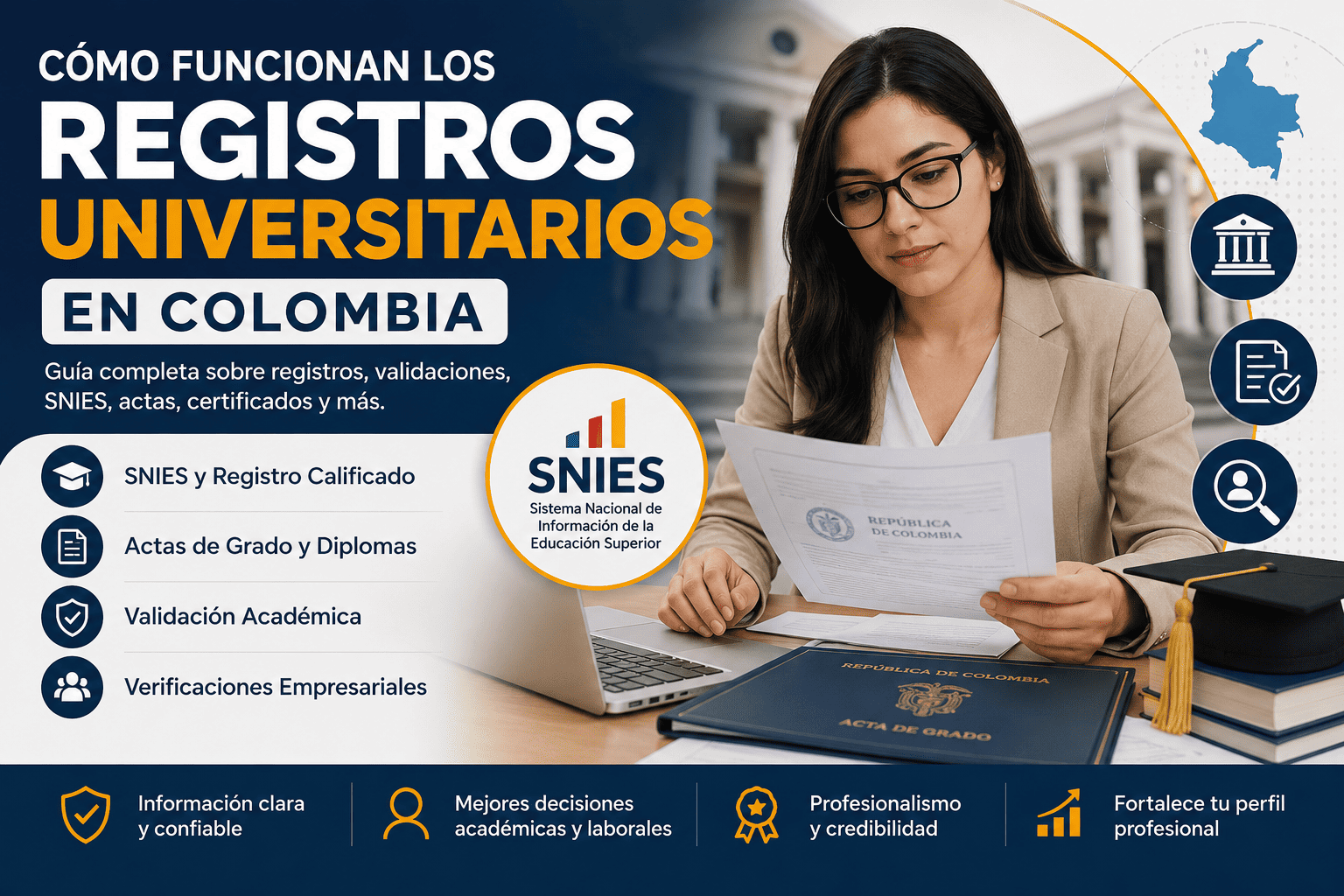 Persona revisando registros universitarios y documentación académica en Colombia con fondo institucional moderno